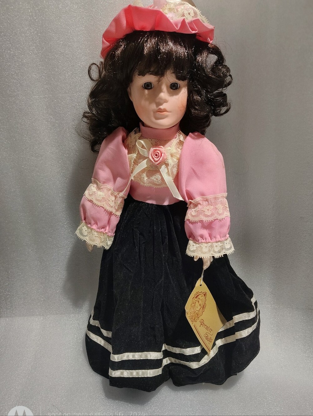 Vintage Premier Dolls 16" Bisque Porcelain Doll Brunette Victorian Pink Black